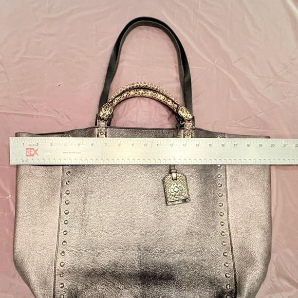 Rafe Silver/Black Metallic Leather Large Tote Bag w/ Snakeskin & Studs $498 - Picture 12 of 15